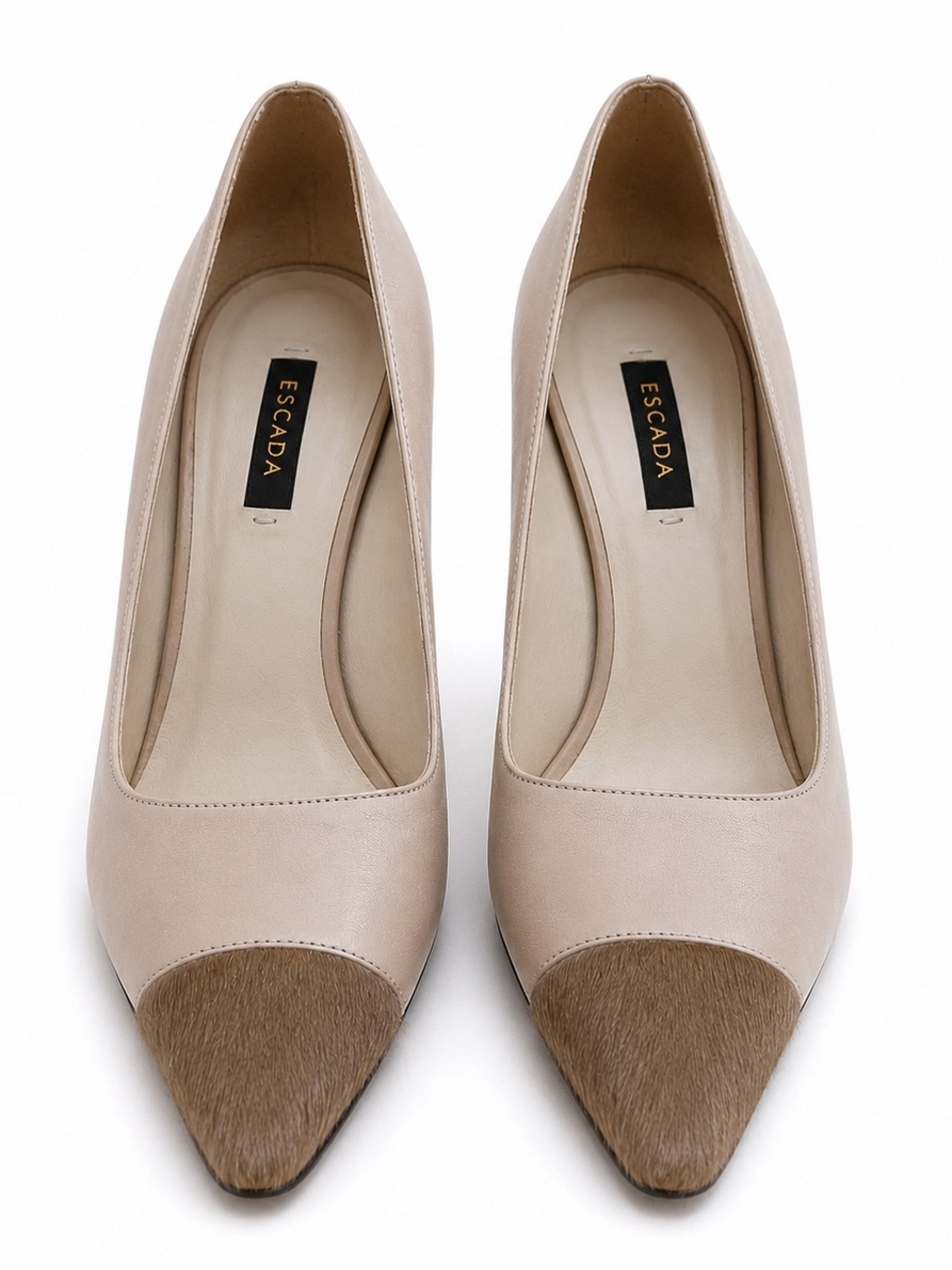 Escada Nude Leather Pony Hair Cap Toe Pumps Italy Size 37.5